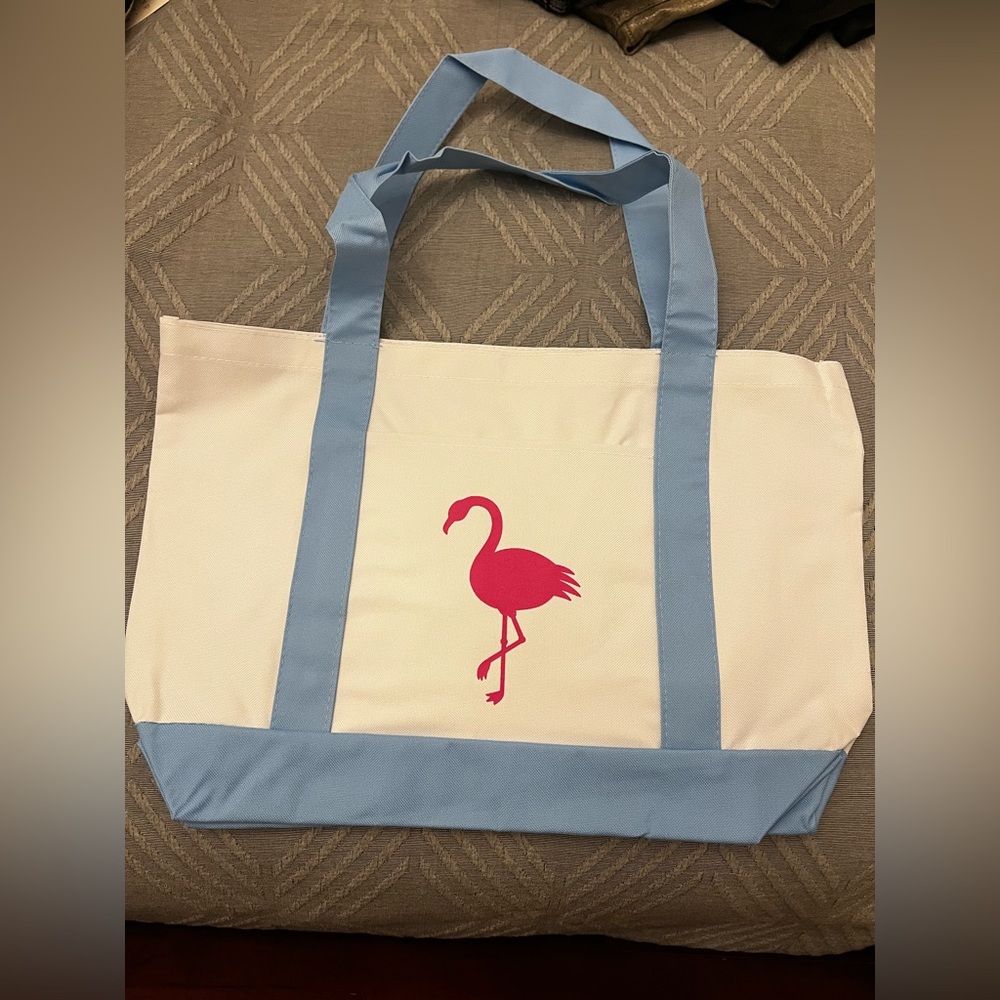 5 Pink Flamingo Tote Bags with Blue Straps